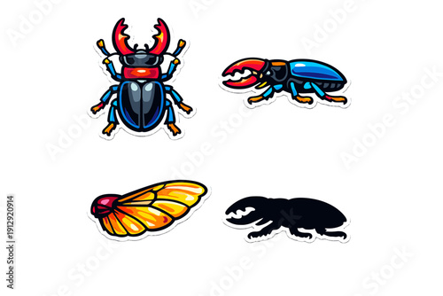 This set of four stickers features vibrant illustrations of stag beetles and an insect wing. It includes detailed top and side views along with a solid black silhouette shape.