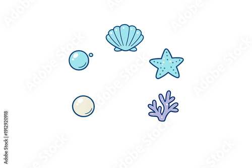 A collection of five sea-themed icons including a blue seashell, a light blue starfish, a purple coral branch, a white pearl, and a blue bubble, all arranged on a solid black background.