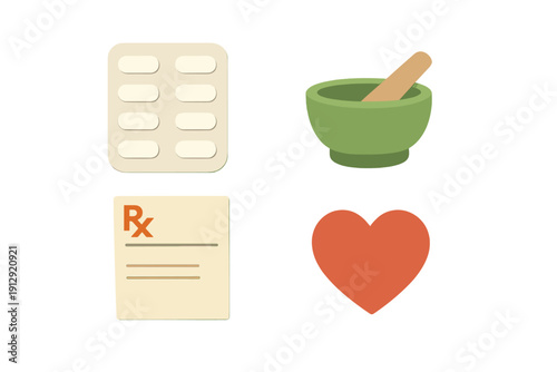 A collection of four medical icons including a blister pack of pills, a green mortar and pestle, a prescription pad with an Rx symbol, and a red heart on a black background.