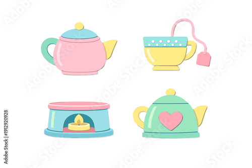 A collection of four cute pastel-colored tea-related illustrations including two teapots, a teacup with a tea bag, and a tea warmer with a lit candle on a black background.