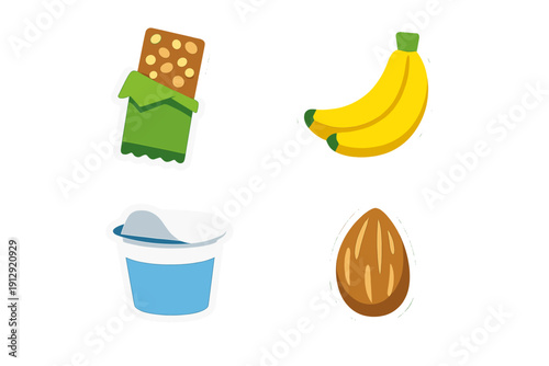A collection of four healthy snack stickers including a granola bar, yellow bananas, a yogurt cup, and an almond nut. These colorful vector illustrations are set against a black background.