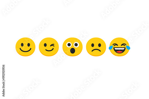 Five yellow emoji faces showing different expressions are arranged in a horizontal row against a solid black background. The expressions include happy, winking, surprised, sad, and laughing.