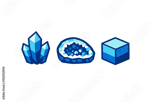 Three stylized blue crystal icons are displayed against a solid black background. The set includes a cluster of pointed crystals, a geode filled with minerals, and a cubic gem.