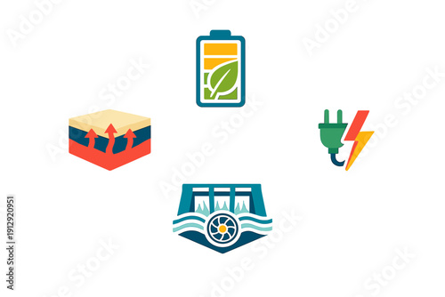 A collection of four colorful icons representing renewable energy sources including geothermal heat, hydroelectric power, green battery storage, and electrical energy on a black background.