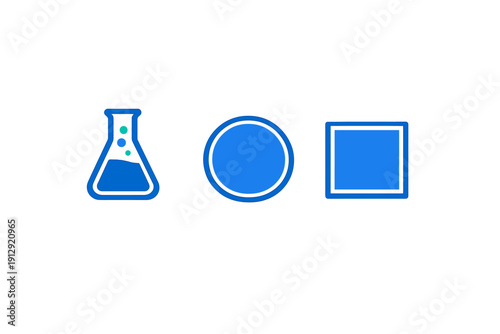 Three blue icons representing science and geometry are displayed on a black background. The set includes a laboratory flask with bubbles, a circle, and a square in a flat design style.