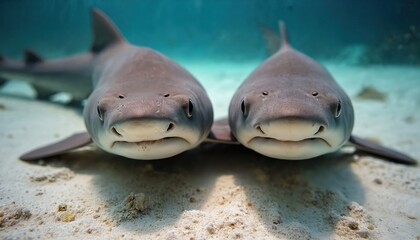 Two nurse sharks swim near sandy bottom in clear blue ocean water. These marine animals are friendly and popular with divers. Experience underwater Bahamas.
