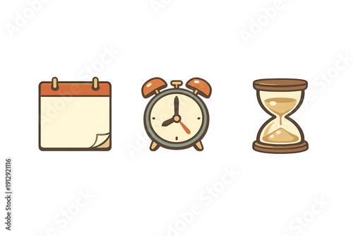 Three stylized icons representing time management: a calendar, an alarm clock, and an hourglass, arranged horizontally against a solid black background.