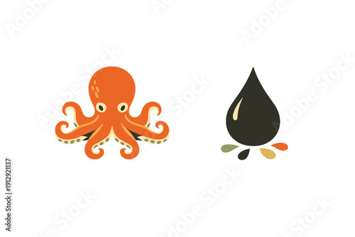 A flat illustration of an orange cartoon octopus next to a large black ink drop with colorful splashes at the bottom, all set against a solid black background.