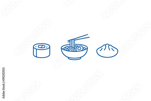 A minimalist illustration featuring blue line icons of a sushi roll, a bowl of ramen noodles with chopsticks, and a dumpling, all set against a solid black background.