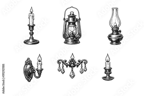 A collection of six vintage lighting fixtures including candles, a lantern, an oil lamp, and a chandelier, illustrated in a detailed black and white engraving style on a black background.