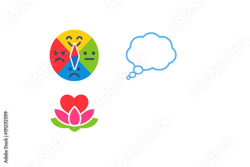 A collection of three colorful icons on a black background featuring an emotion wheel with a needle, a blue thought bubble, and a pink lotus flower with a red heart in the center.