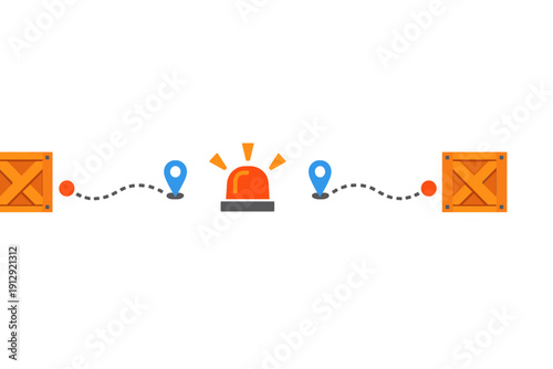 An illustration featuring two wooden crates on opposite sides with a central orange siren light. Blue map pins and red dots are connected by dashed lines on a black background.