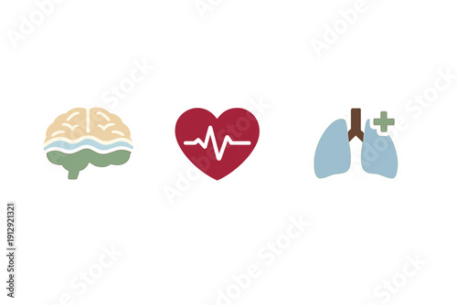 Three stylized medical icons representing the human brain, heart, and lungs are displayed on a black background. The icons feature simple shapes and a sticker-like white outline.