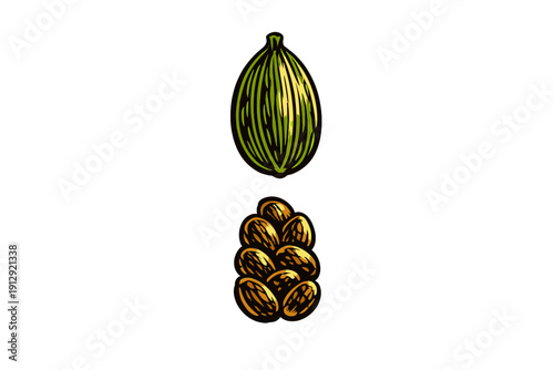 A stylized graphic illustration featuring a single green cardamom pod and a cluster of brown seeds, rendered in a woodcut style against a solid black background.