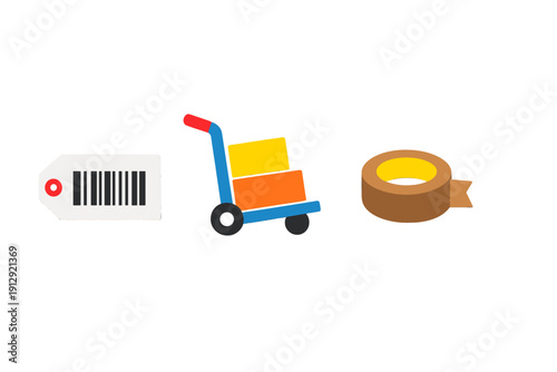 A collection of three logistics icons featuring a barcode tag, a hand truck loaded with colorful boxes, and a roll of brown packing tape isolated on a solid black background.