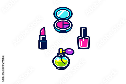 A collection of colorful beauty icons including a compact mirror, pink lipstick, nail polish, and a perfume bottle with an atomizer, all set against a solid black background.