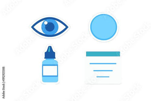 A set of four blue vector icons representing eye health, including a human eye, a contact lens, a bottle of eye drops, and a medical prescription card on a white background.