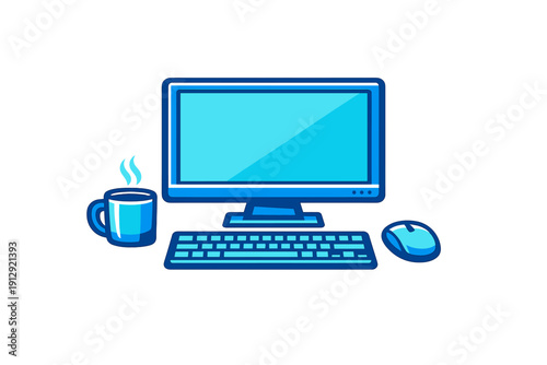 This blue stylized illustration shows a desktop computer setup with a monitor, keyboard, and mouse alongside a steaming mug of coffee against a solid black background.