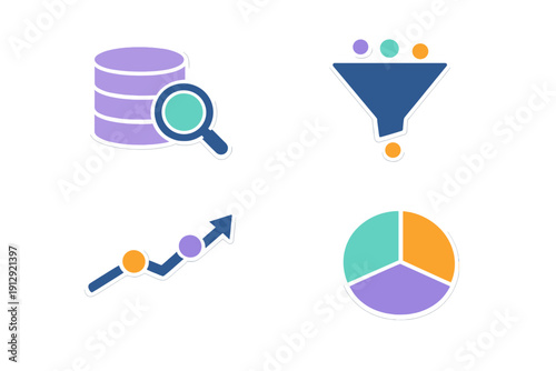This set of four flat icons illustrates data processing and analysis concepts like database searching, information filtering, business growth tracking, and statistical pie charts.