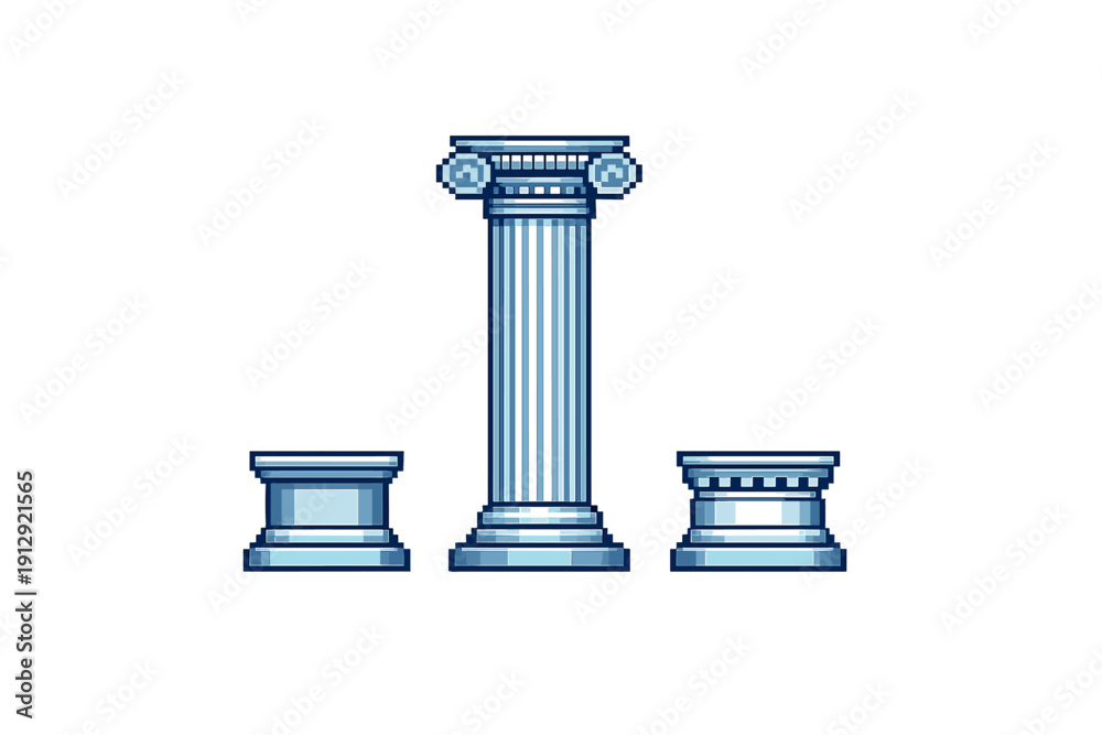 Obraz premium A pixel art illustration featuring three classical architectural elements including a tall Ionic column and two shorter pedestals, rendered in shades of blue on a black background.