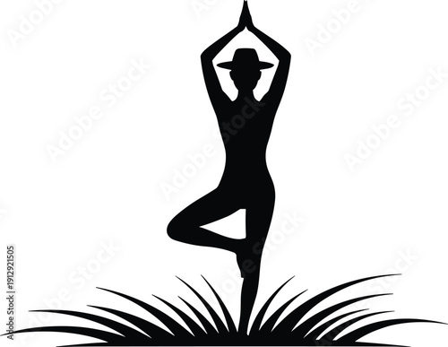 Woman practicing yoga tree pose silhouette, female meditation balance posture, black vector illustration isolated on white background