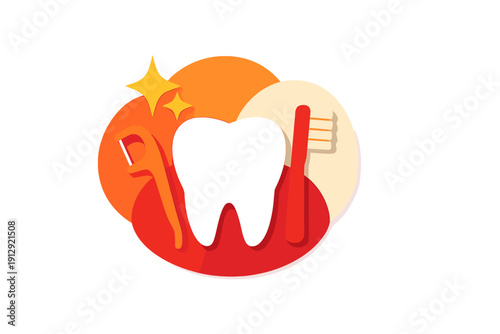 This graphic features a clean white tooth icon accompanied by a red toothbrush and an orange dental floss pick, set against a vibrant background of overlapping circles.