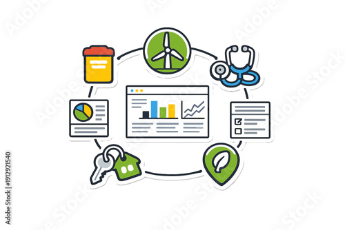 A flat vector illustration showing a central digital dashboard surrounded by icons for renewable energy, healthcare, real estate, environment, and data analysis on a dark background.