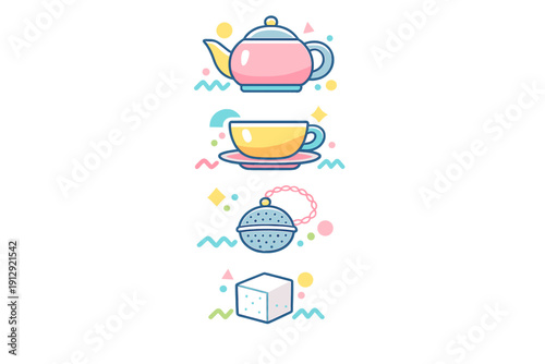 A collection of four pastel-colored tea icons including a teapot, a teacup on a saucer, a tea infuser, and a sugar cube, arranged vertically on a black background with geometric shapes.