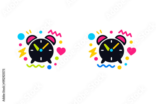 Two colorful alarm clock icons are displayed side-by-side on a black background, surrounded by vibrant geometric shapes like hearts, lightning bolts, and zigzags in a pop art style.