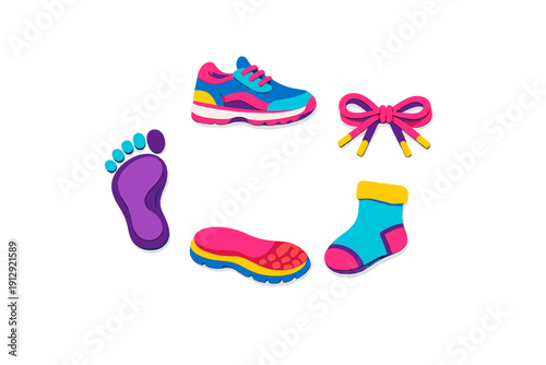 A collection of colorful paper-cut style icons featuring a sneaker, a footprint, a sock, a shoelace bow, and a shoe sole, all set against a solid black background for a vibrant look.