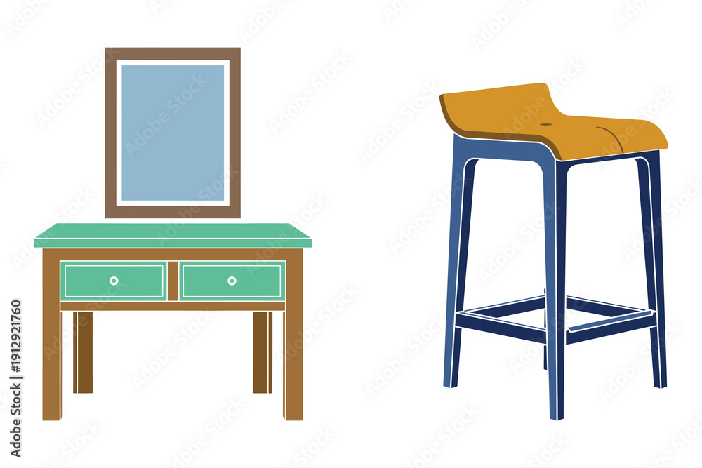 Fototapeta premium Wooden Table and Bar Stool Furniture Icon Set in Flat Vector Illustration