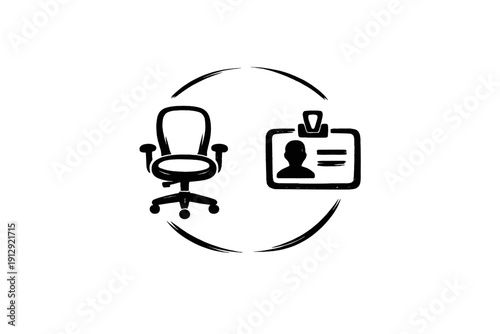 A black and white line art illustration featuring an office chair and an identification badge enclosed within circular arrows, symbolizing a recruitment or employment cycle.