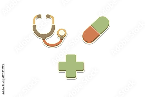 A graphic illustration featuring three medical icons: a stethoscope, a two-toned capsule pill, and a green medical cross, all set against a solid black background in a stylized design.