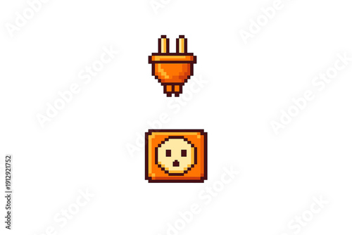 This pixel art graphic shows an orange power plug and a wall outlet on a solid black background. The artwork features a retro 8-bit style with detailed shading and warm colors.