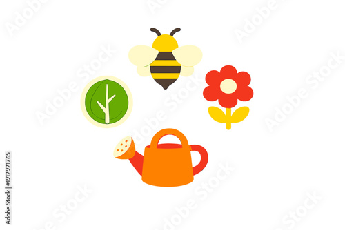 A collection of four stylized gardening icons including a yellow bee, a red flower, a green leaf emblem, and an orange watering can, all set against a solid black background.