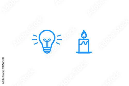 A blue line art illustration features a glowing light bulb and a lit candle positioned side by side on a solid black background, symbolizing various sources of illumination and energy.