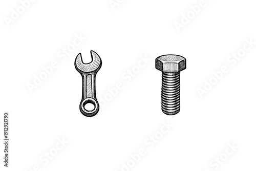 A hand-drawn illustration featuring a wrench and a bolt on a solid black background. The artwork uses a detailed hatching technique to create texture and depth on the metal tools.