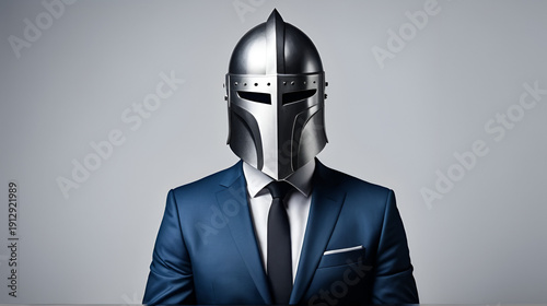 Creative image, a man in a modern suit of a businessman, a knight's helmet on his head, armor. The concept of a modern hero, overcoming difficulties, a crisis, a good manager. magazine style
