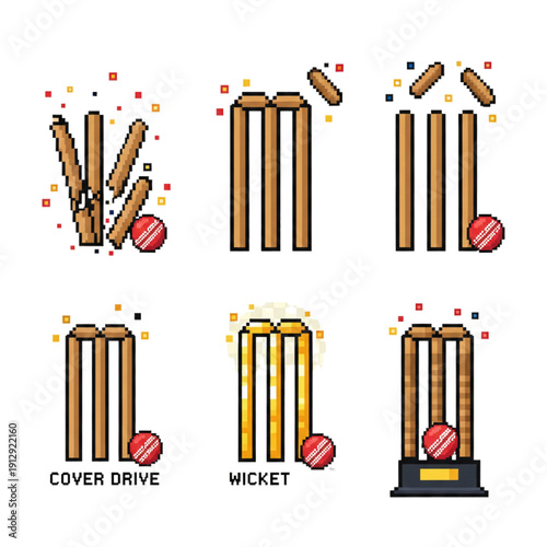 Pixel art cricket wickets and balls in various scenes