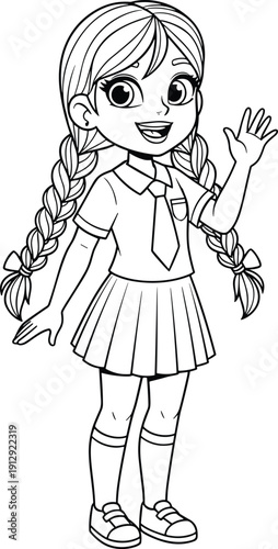 Cute schoolgirl cartoon character waving hand, black and white coloring page illustration for kids education and fun activity