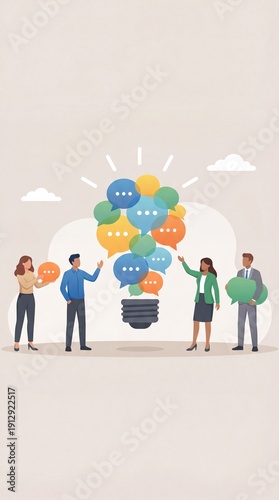 Business Team Sharing Ideas Around Light Bulb with Colorful Speech Bubbles Representing Creative Brainstorming, Communication Strategy, Collaboration and Innovation Process, Business Flat Illustration