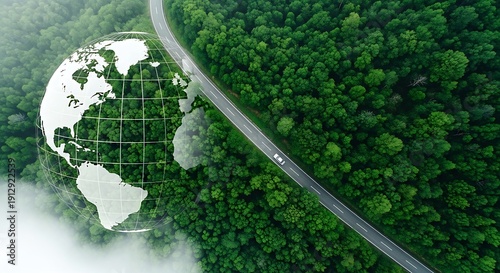 Eco friendly road trip around the world with a sustainable grid on a green forest background