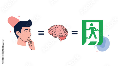 Concept of thinking and finding a way out shown with a man in thought, a human brain, and an emergency exit icon symbol.