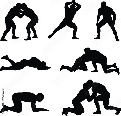 Wrestlers silhouettes collection, grappling athletes in standing and ground fight positions isolated on white background vector illustration