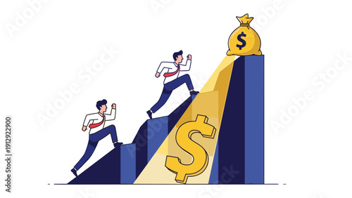 Two businessmen racing and climbing up a rising blue bar chart toward a large bag of money symbolizing competitive financial growth.