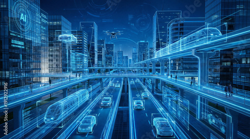 A futuristic smart city concept showing AI-powered vehicles, drones, and elevated trains integrated into a high-tech urban environment.