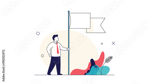 Businessman character holding a tall flagpole with two white flags representing a neutral stance or a message of peace and cooperation.