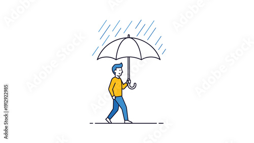 Cheerful man walking calmly under a large black umbrella while it rains representing protection, insurance, and preparedness concepts.