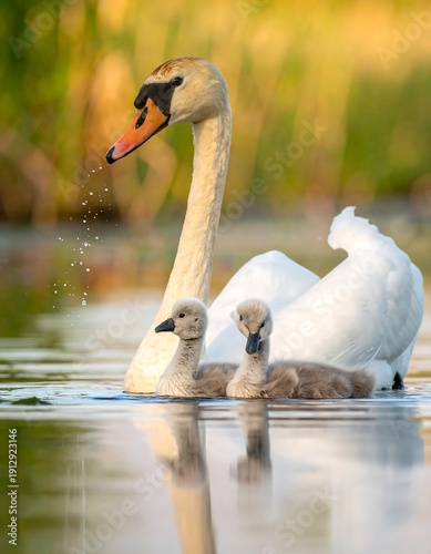 A parent waterfowl with two young offspring navigates a waterway, its reflection mirrored on the smooth water's surface. The parent's beak is orange