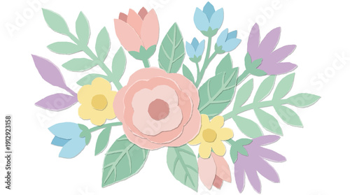 Spring floral arrangement with pastel paper cut flowers and leaves. Beautiful layered origami botanical illustration bouquet.